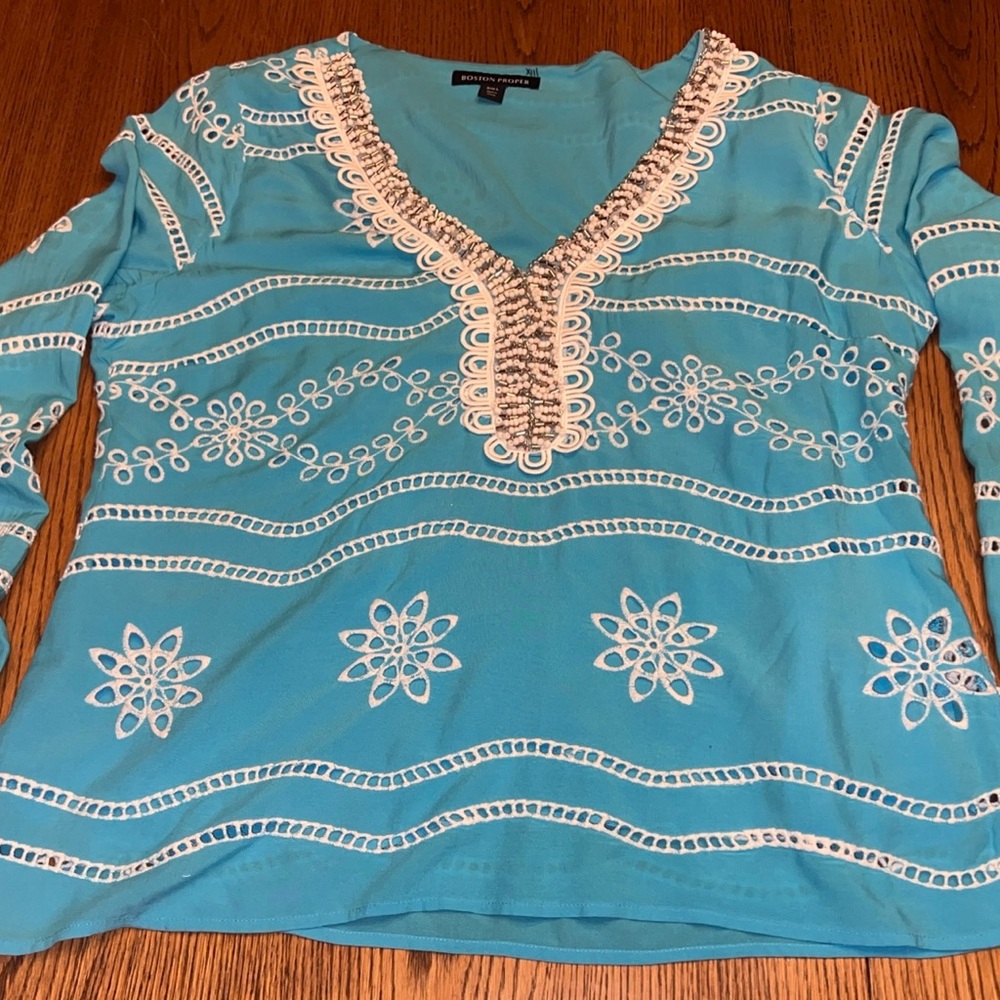 BOSTON PROPER Turquoise & White Beaded Sz L Tunic
